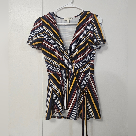 Monteau Tops - Faith&joy V Neck Wrap Style Striped Blouse!